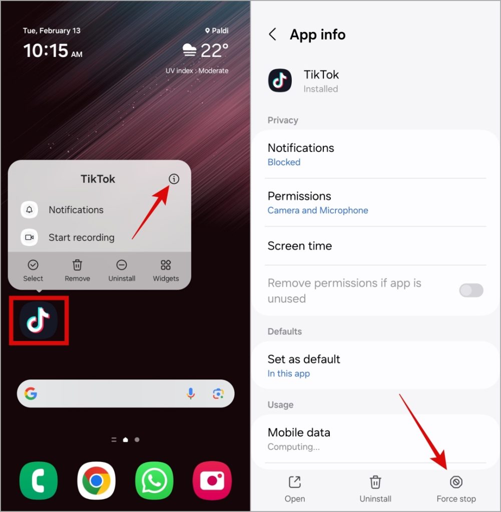 Force Stop Tiktok en Android