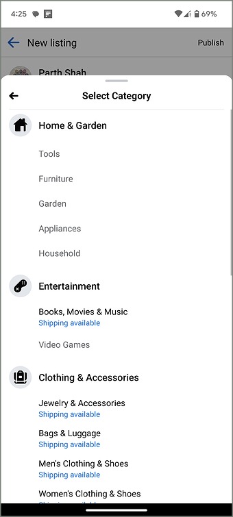 Seleccione la categoría de mercado de Facebook relevante