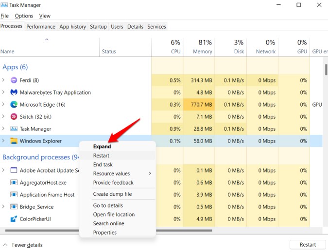 Reiniciar el explorador de Windows en Windows 11