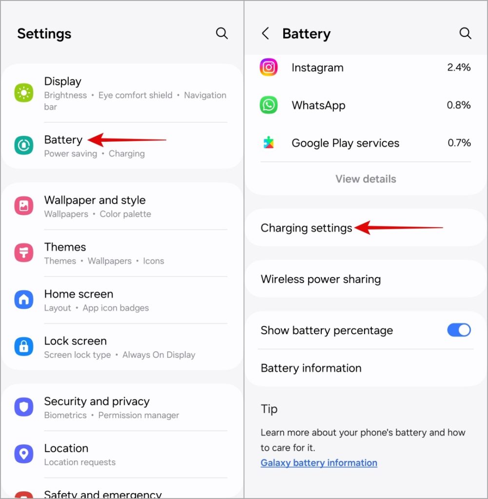 Configuración de carga en el teléfono Samsung