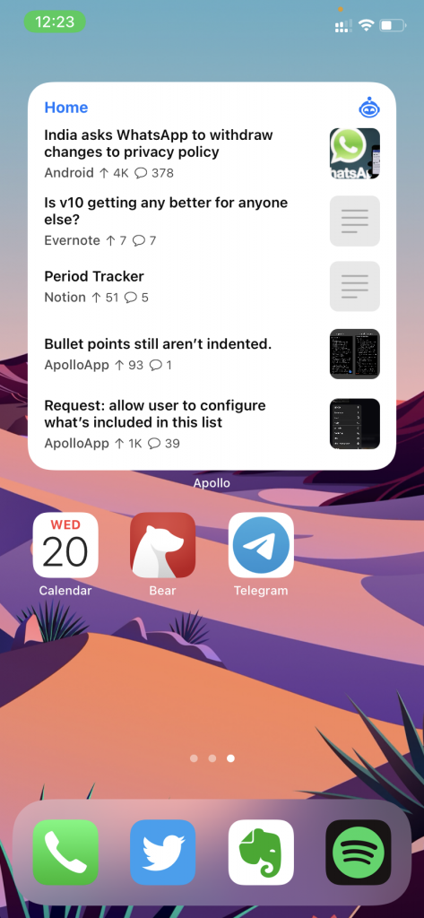 Widget de la aplicación Apollo para iPhone
