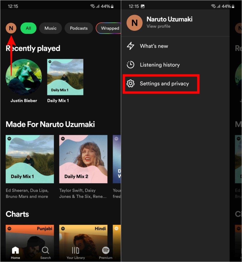 Pantalla de inicio de Spotify