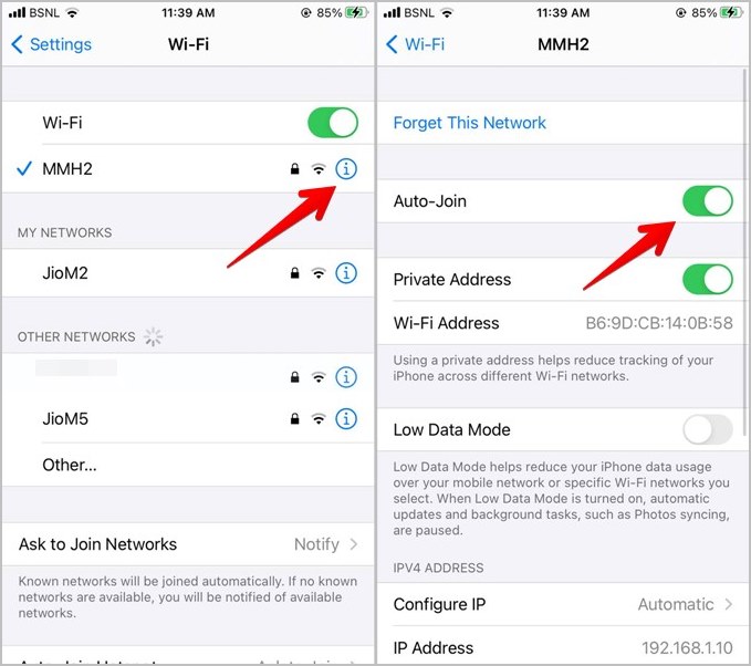 iPhone Wi-Fi Habilitar la red Auto Unir Auto