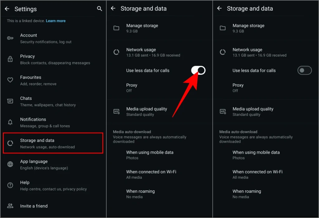 Desactivar usar menos datos para llamadas para mejorar la calidad de videollamadas de audio de WhatsApp