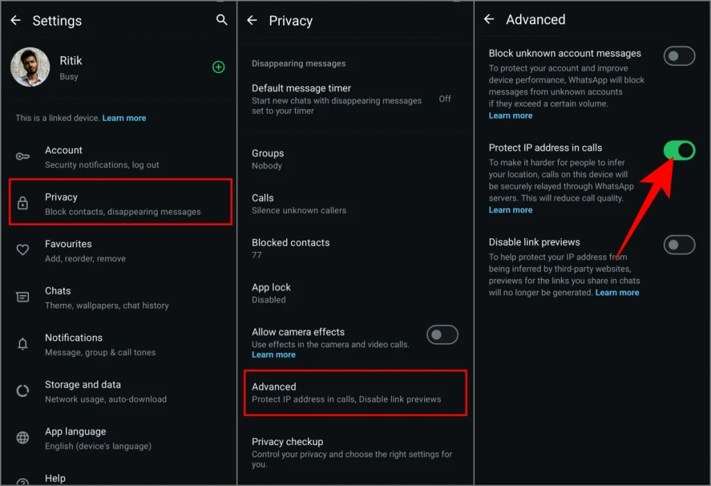 Desactivar la dirección IP de proteger en las llamadas de WhatsApp para mejorar la calidad