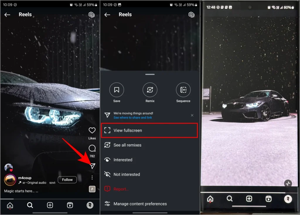 Ver los carretes de Instagram en pantalla completa sin interfaz de usuario o botones