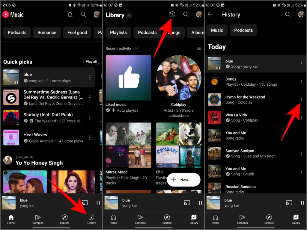 Eliminar una música o pista de YouTube Music History por teléfono