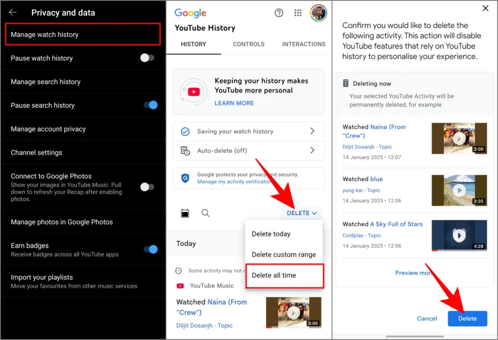 Eliminar todo el historial de escucha de música de YouTube en el teléfono