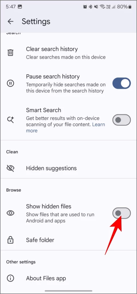 Habilitar Mostrar archivos ocultos en archivos de Google App