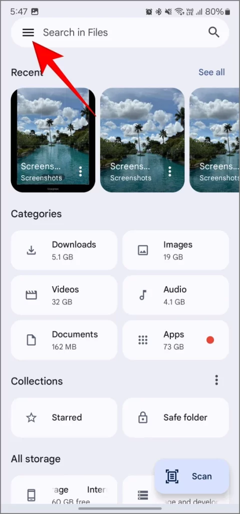 Habilitar Mostrar archivos ocultos en archivos de Google App