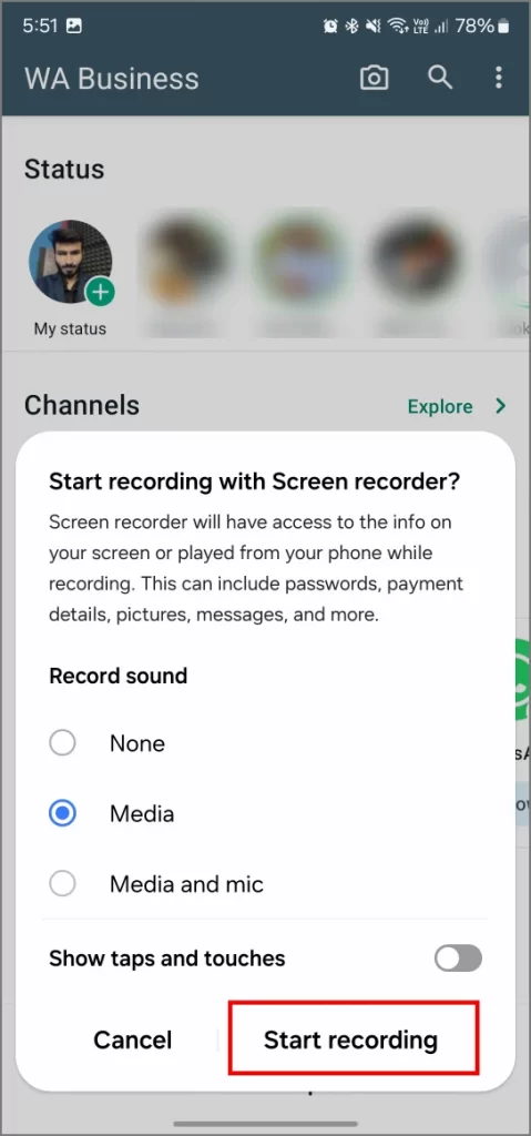 Pantalla grabar WhatsApp Video en el teléfono Android