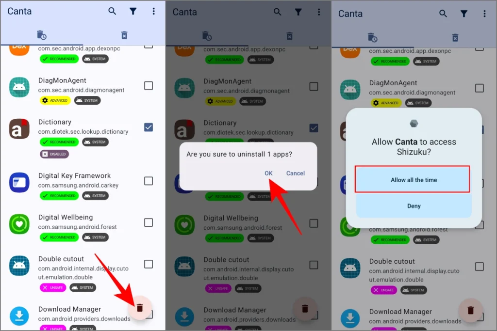 Eliminar aplicaciones del sistema y bloatware utilizando la aplicación Canta y Shizuku en Android