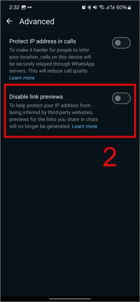 Desactivado - Vistas previas del enlace Disbale en WhatsApp