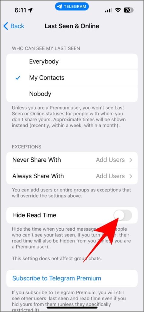 Deshabilitar los recibos de lectura en Telegram en iPhone
