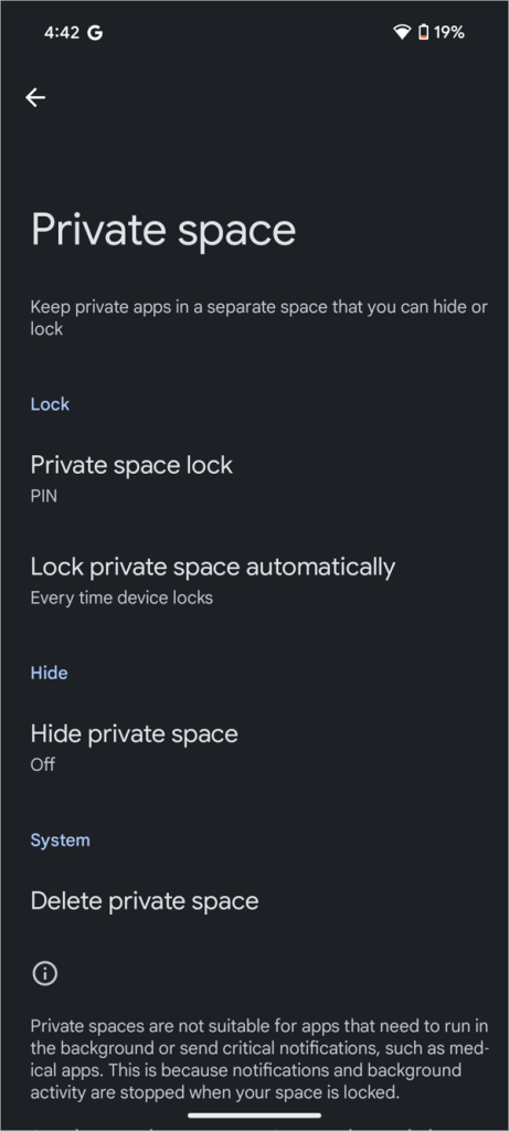 Característica de espacio privado en Android 15