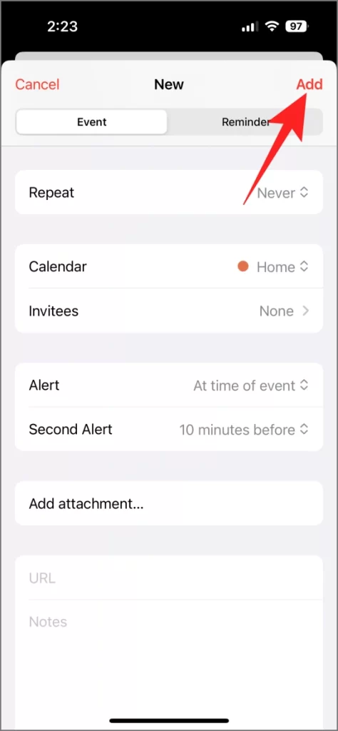 Configuración de una alarma específica de fecha creando un evento en calendario en iPhone
