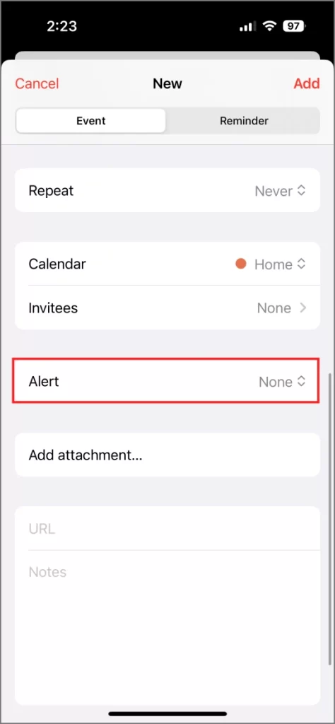Configuración de una alarma específica de fecha creando un evento en calendario en iPhone