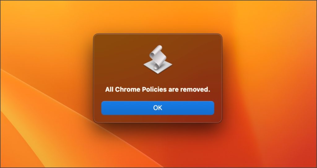 Todas las políticas de Chrome se eliminan el mensaje después de usar el removedor de políticas de Chrome