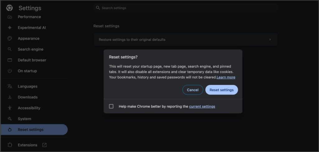 Restablecer la configuración en Google Chrome