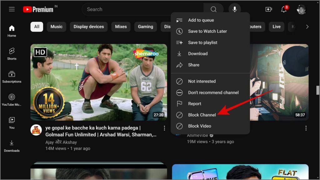 Bloquear el canal de YouTube para aparecer en el navegador de escritorio