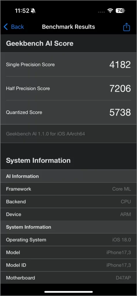 Geekbench ai - CPU - iPhone 16