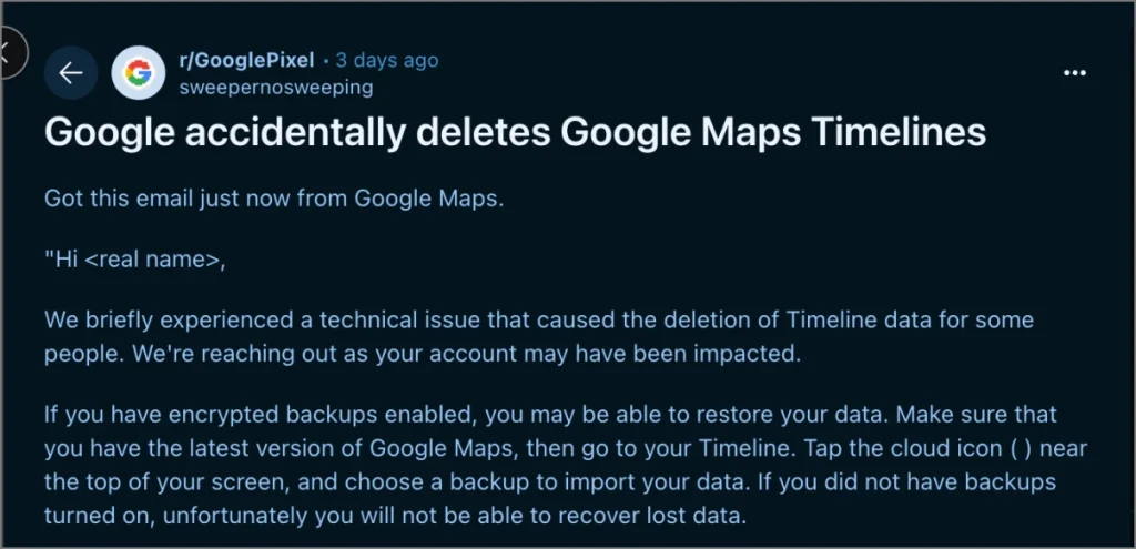 Google elimina accidentalmente los datos de los plazos de Google Maps
