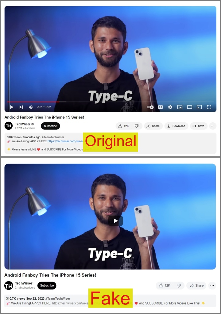 Publicación de video original vs de YouTube falsa
