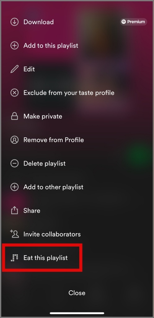Seleccione la opción Eat esta lista de reproducción
