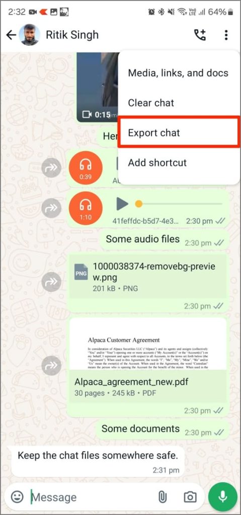 Exportar la función de chat en WhatsApp en Android