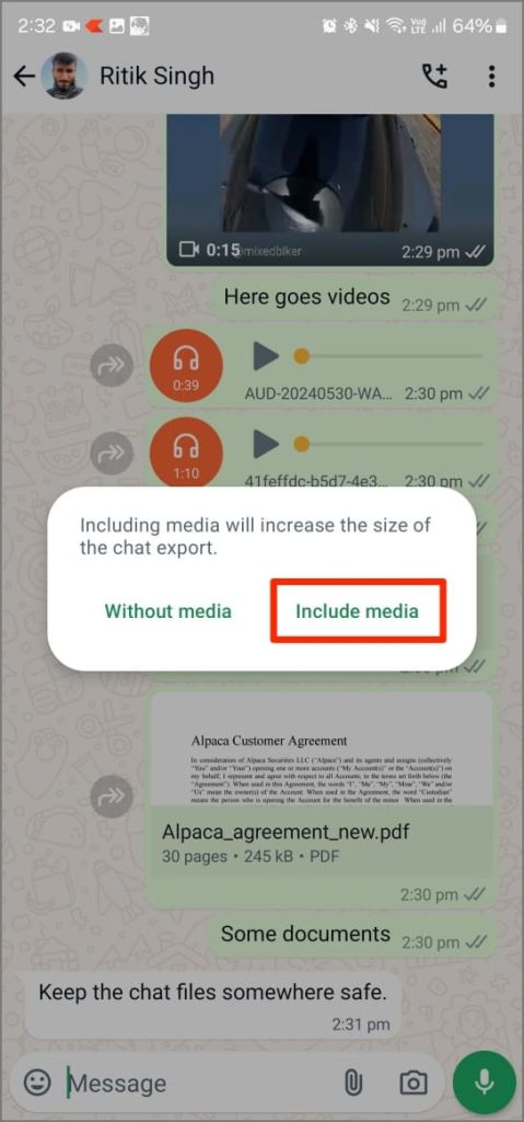 Exportar la función de chat en WhatsApp en Android