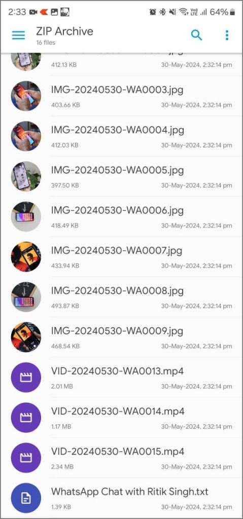 Exportó chat de whatsapp y archivos multimedia en el administrador de archivos
