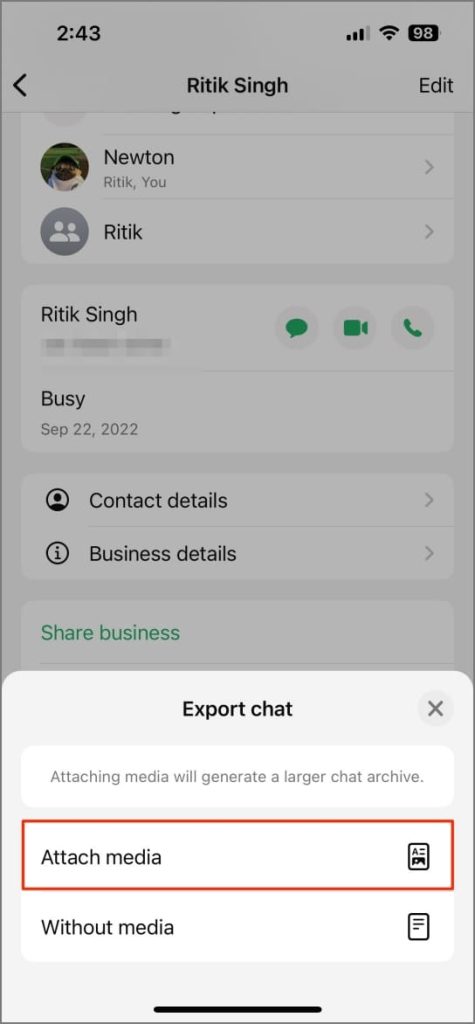 Exportar función de chat en whatsapp en iPhone