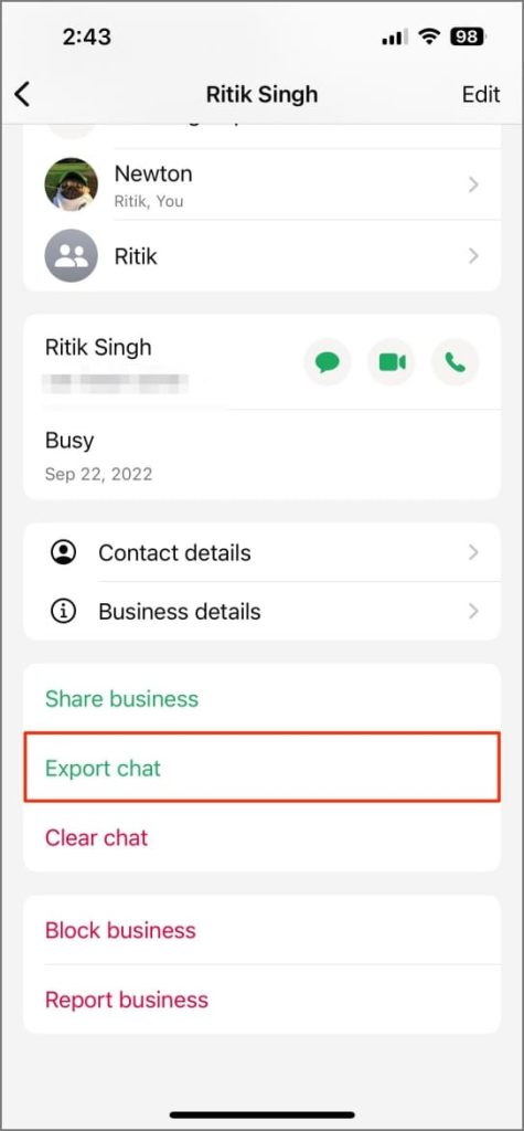 Exportar función de chat en whatsapp en iPhone