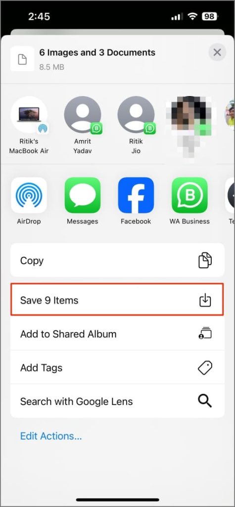 Guardar medios de whatsapp exportados en la aplicación Photos en iPhone