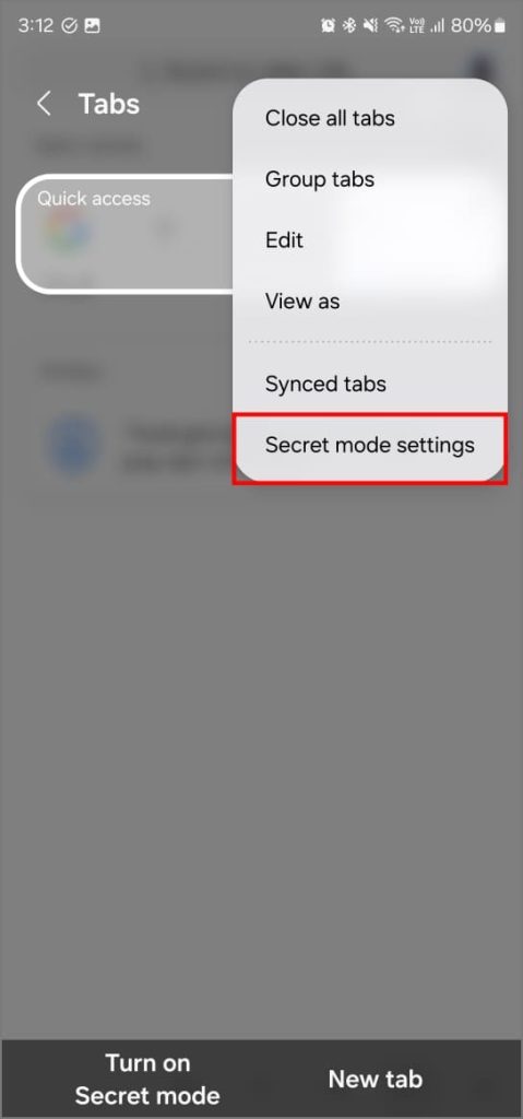 Configuración de modo secreto en Internet de Samsung