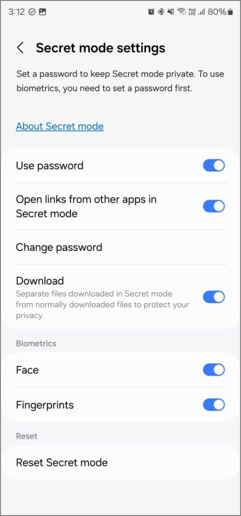 Configuración de modo secreto en Internet de Samsung