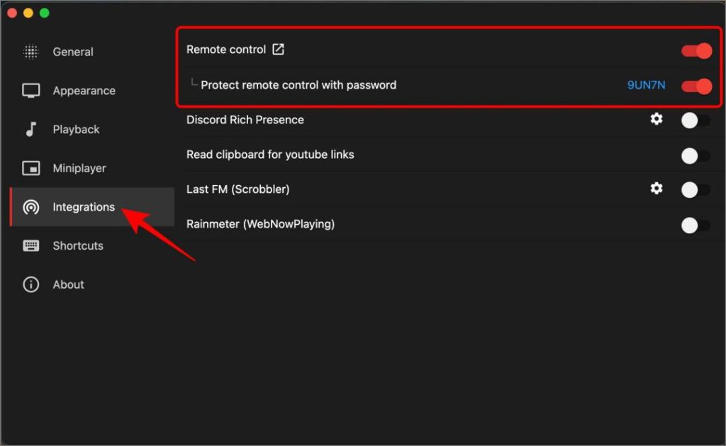 Habilitar el control remoto en el escritorio de la música de YouTube