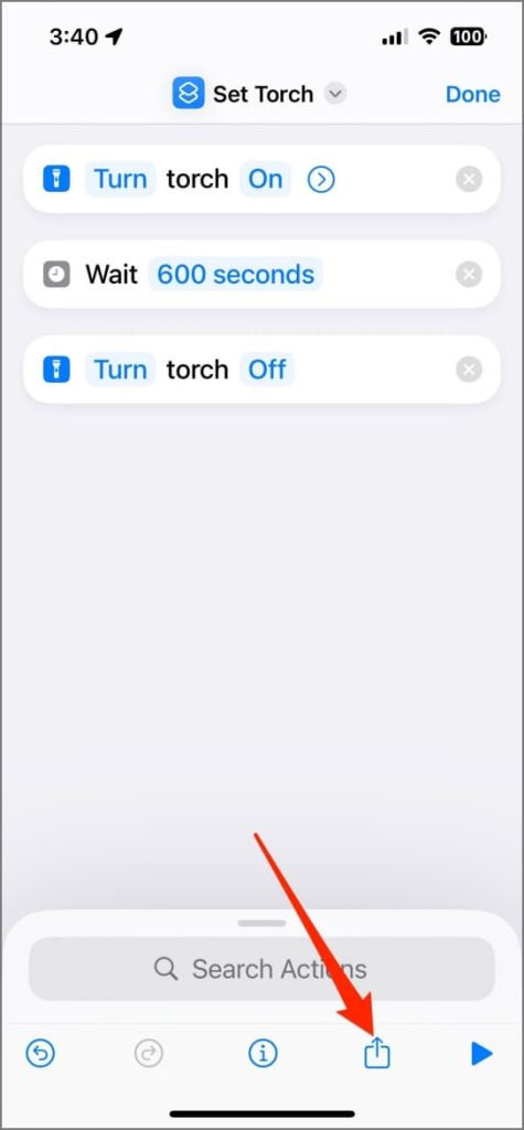 Creación de un atajo de temporizador de linterna en la aplicación atajos en iPhone