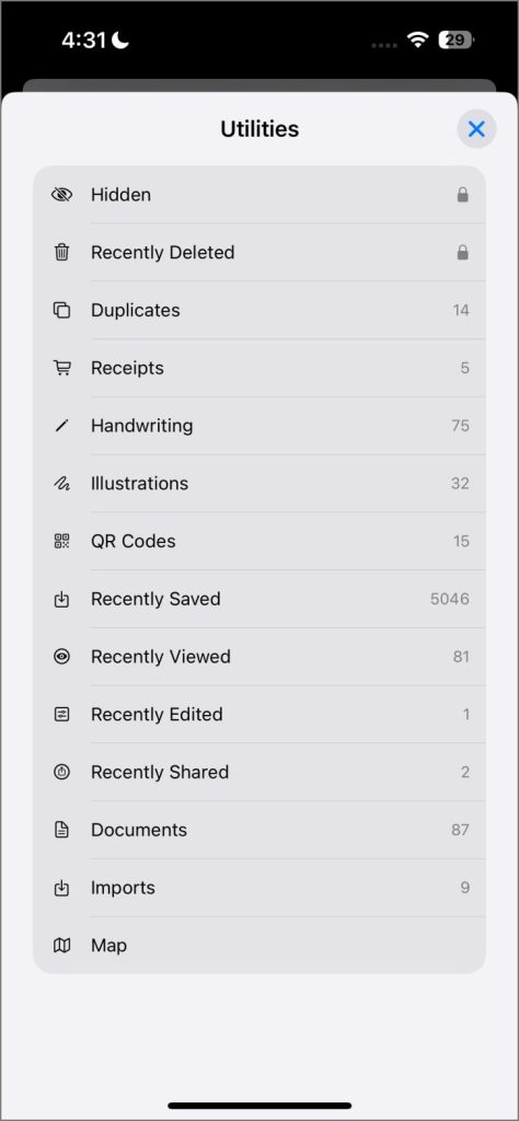 Categorías de servicios públicos en la aplicación Fotos