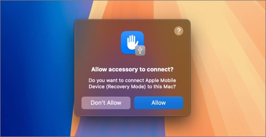 Permita que el accesorio conecte la ventana emergente para el modo de recuperación de iPhone en Mac