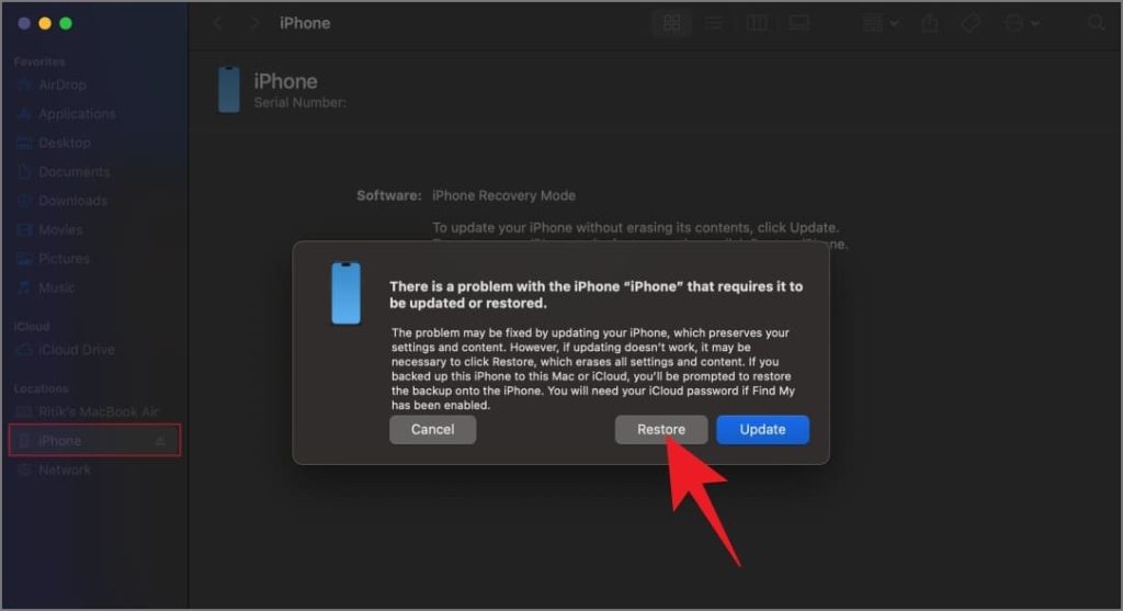 Opción de restauración para iPhone en Mac Finder