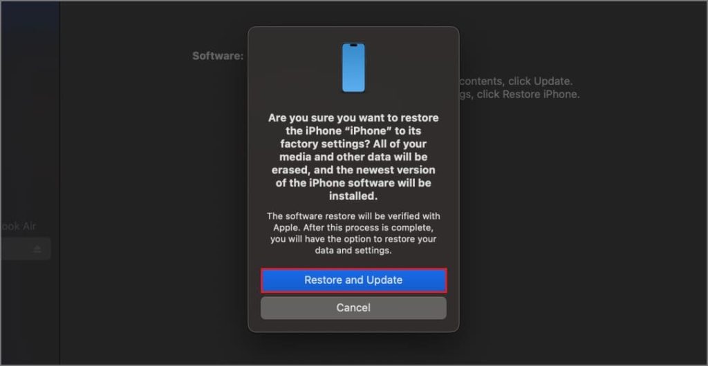 Opción de restauración para iPhone en Mac Finder