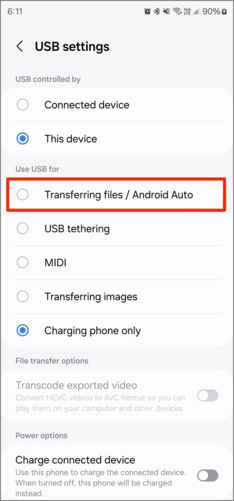 Cambiar el modo de conexión USB en el teléfono Samsung Galaxy
