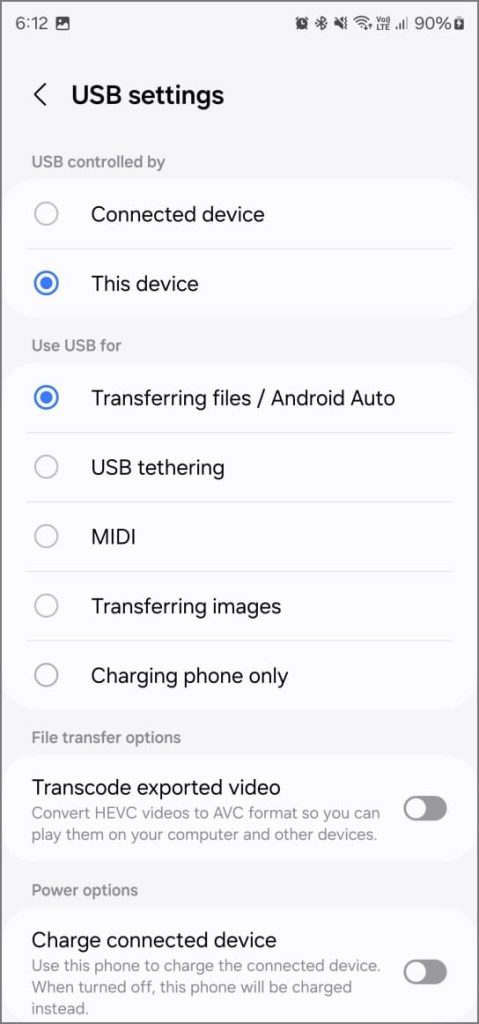 Cambiar el modo de conexión USB en el teléfono Samsung Galaxy
