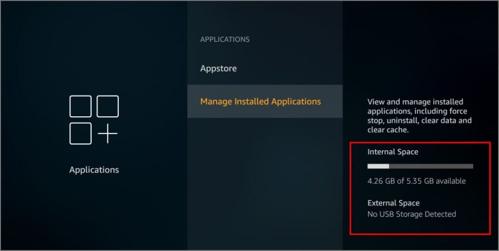 Verificación de espacio de almacenamiento en Amazon Fire TV Stick