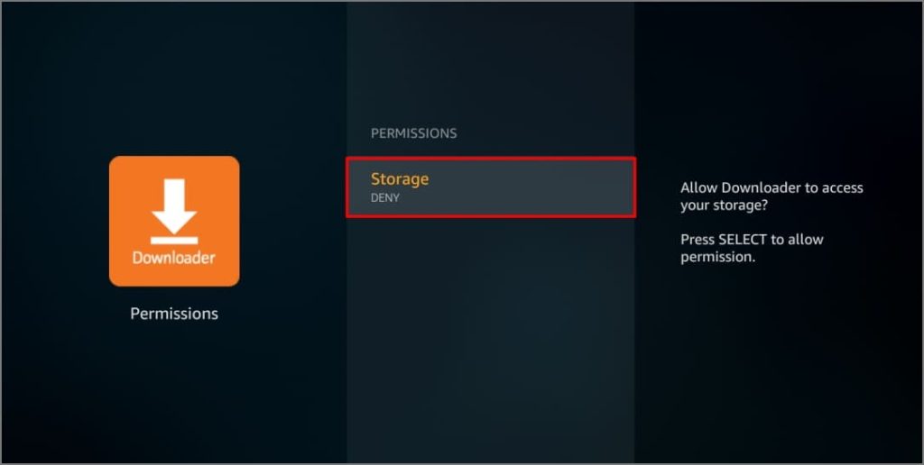 Permiso de almacenamiento para la aplicación Downloader en Fire TV Stick