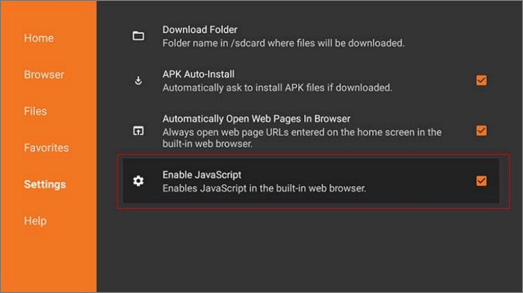 Habilitar JavaScript en la aplicación Downloader en Fire TV Stick
