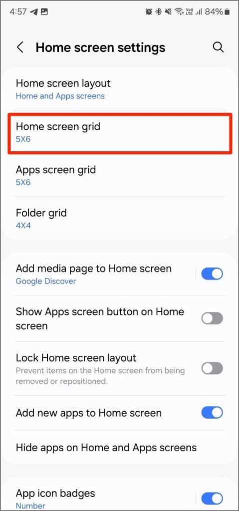 Cambiar el tamaño de la cuadrícula de la pantalla de inicio en una interfaz de usuario 6.1 en el teléfono Samsung Galaxy
