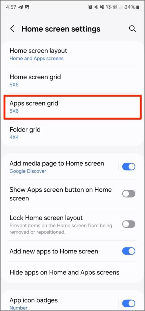 Cambiar aplicaciones Tamaño de la cuadrícula de pantalla en una UI 6.1 en Samsung Galaxy Teléfono