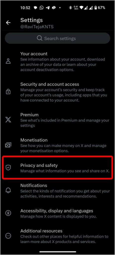 Abrir configuración de privacidad en Twitter X App